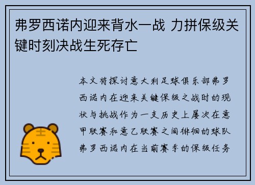 弗罗西诺内迎来背水一战 力拼保级关键时刻决战生死存亡