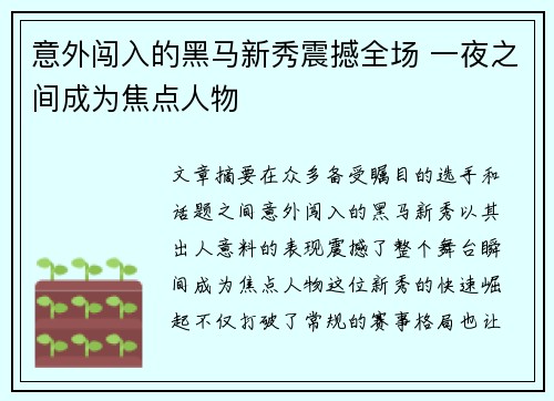 意外闯入的黑马新秀震撼全场 一夜之间成为焦点人物