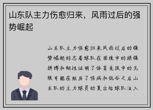 山东队主力伤愈归来，风雨过后的强势崛起