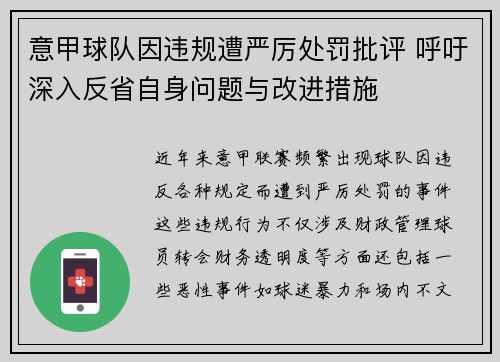 意甲球队因违规遭严厉处罚批评 呼吁深入反省自身问题与改进措施